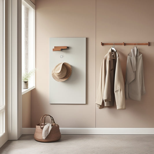 A minimalist, modern room with cream-colored walls, featuring a wooden coat rack with five rounded hooks, mounted on a reclaimed wood plank, against a subtle natural stone backdrop.