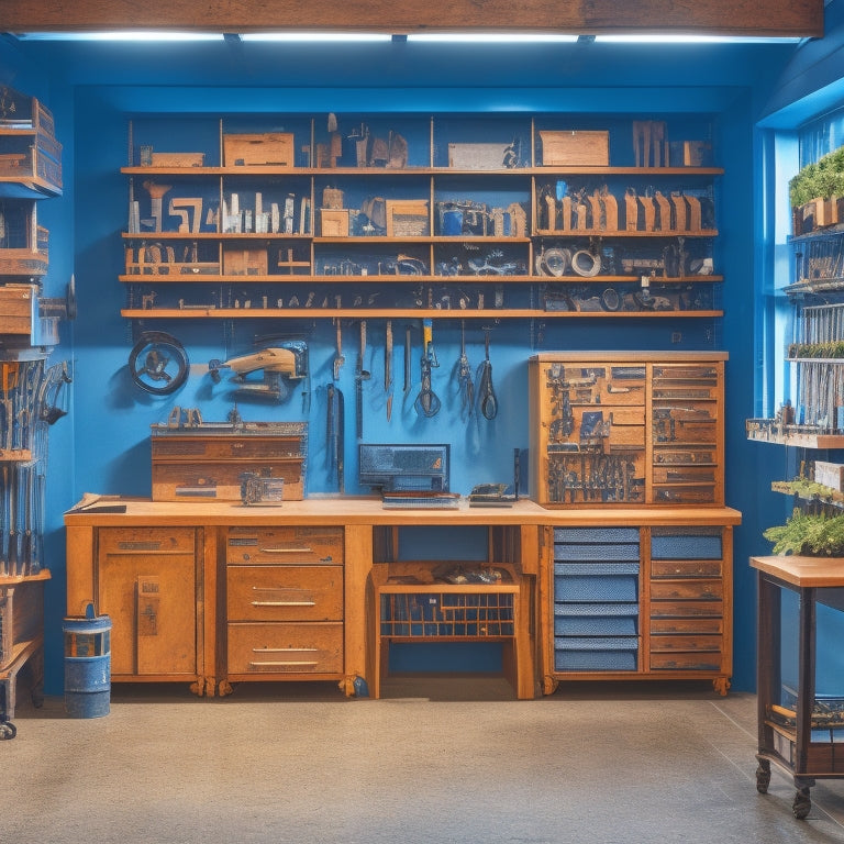 A clutter-free workshop with rows of organized tool chests, pegboards with neatly hung wrenches, and a central workstation with a built-in vice, surrounded by rolling cabinets and shelving units.