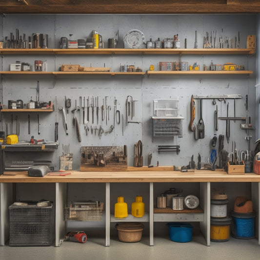 A tidy workshop with a central pegboard workbench, surrounded by various tools and accessories, featuring multiple pegboard hooks, bins, and a built-in vice, set against a clean, light-gray background.