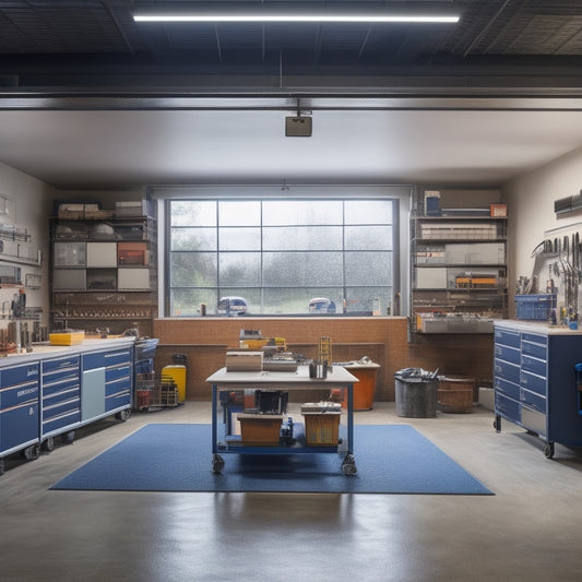 A clutter-free, well-lit automotive workshop with organized toolboxes, labeled storage bins, and a sleek, modern workbench amidst a backdrop of neatly parked vehicles and a large, wall-mounted whiteboard.