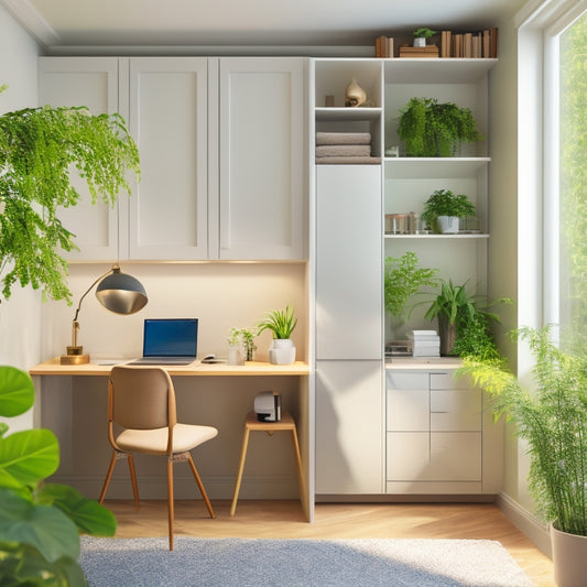 A minimalist, light-filled studio apartment with a Murphy bed, modular shelving, and a sleek, wall-mounted desk, surrounded by lush greenery and a few, carefully-placed decorative accents.
