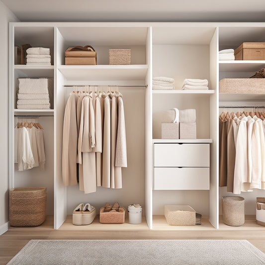 A serene, minimalist closet interior with soft, warm lighting, featuring a mix of rectangular and cube-shaped bins in white, beige, and wood tones, arranged neatly on shelves and the floor.