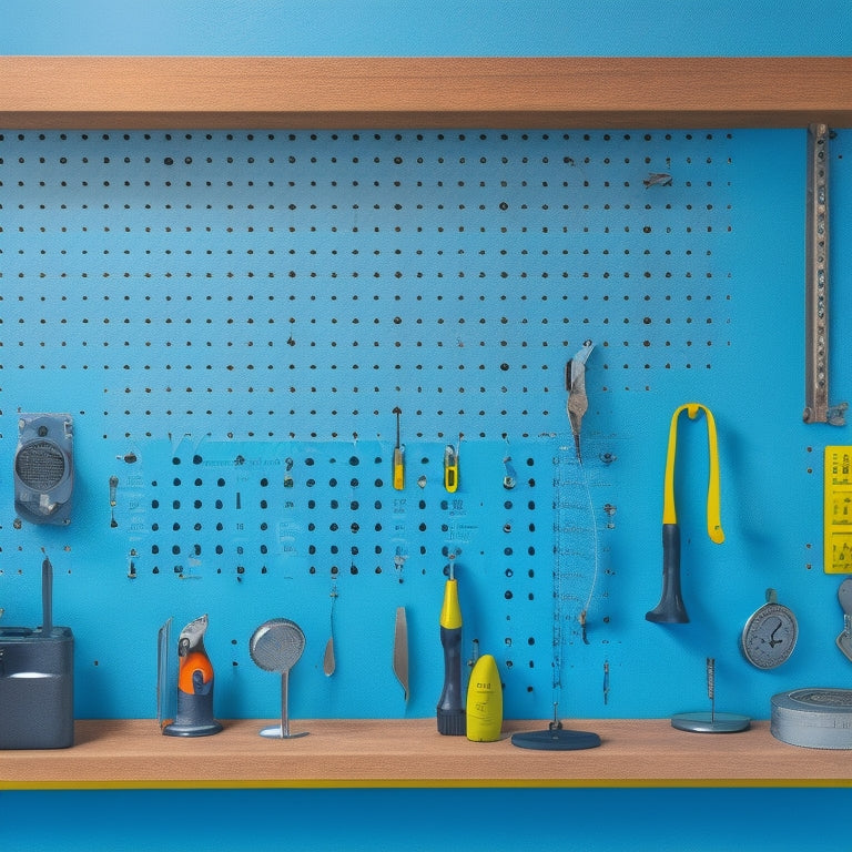 A pegboard with various tools and accessories hung from it, mounted on a wall with a level and drill nearby, surrounded by screws, anchors, and a measuring tape.