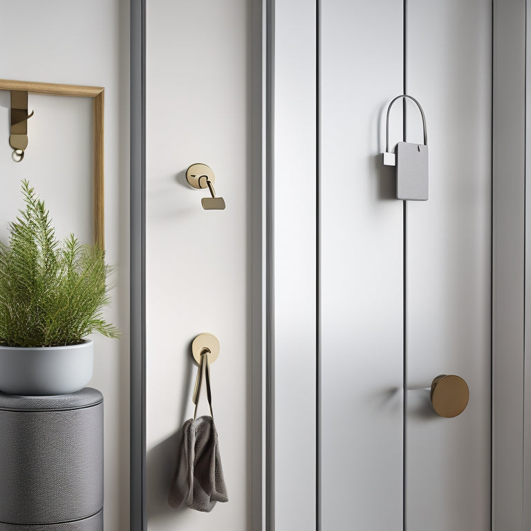 A clutter-free, modern apartment interior with a minimalist aesthetic, featuring a few strategically placed key hooks, a compact key organizer on a wall, and a sleek, hidden key compartment in a decorative vase.