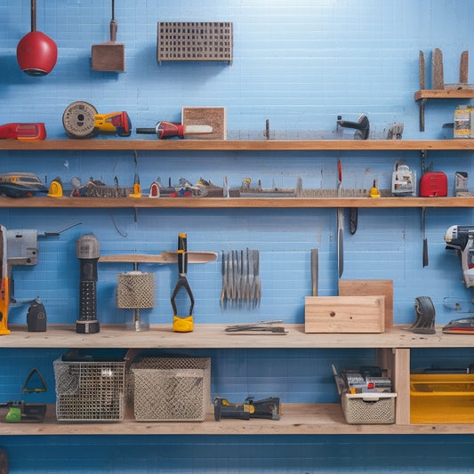 A clutter-free workshop with a pegboard on the wall, holding various power tools like drills, saws, and sanders, each suspended from hooks, bins, and holders, with ample negative space around them.