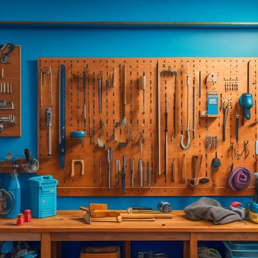 A clutter-free workshop with a wooden pegboard covering an entire wall, adorned with neatly organized tools and accessories, such as wrenches, hammers, and screwdrivers, suspended from hooks and bins.