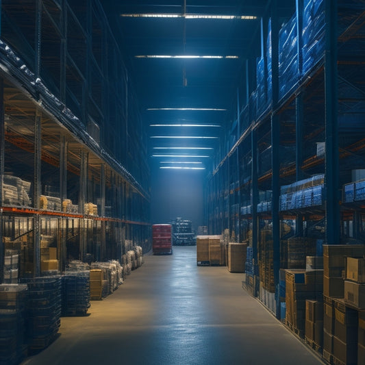 A dimly lit, industrial warehouse interior with rows of towering, custom-built metal shelving units storing various heavy machinery, such as forklifts and bulldozers, in a compact, organized manner.
