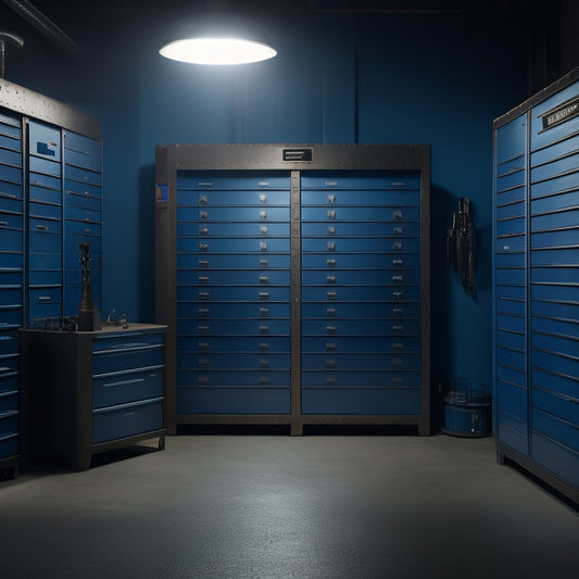 A dimly lit, industrial-style background with a row of 5-7 metal tool cabinets with varying sizes, bold rivets, and reinforced locks, with subtle shadows and a hint of steel blue undertones.