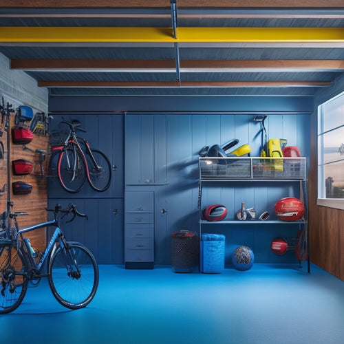 A well-lit garage interior with sleek, wall-mounted shelves in a modern metallic finish, holding neatly arranged storage bins, tools, and sports equipment, with a few bicycles suspended from the ceiling.