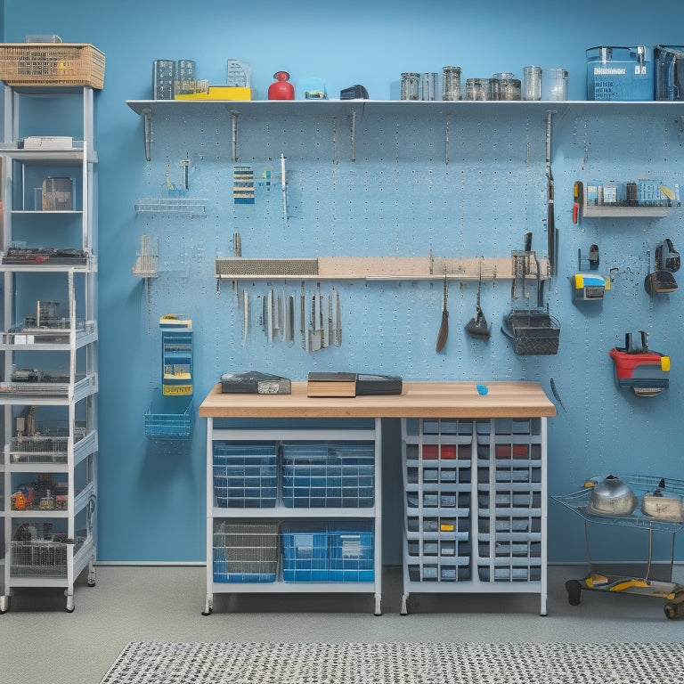 A well-organized workshop with a pegboard wall featuring neatly arranged hand tools, a modular shelving unit with labeled bins, and a mobile cart with a built-in vice and sliding drawers.