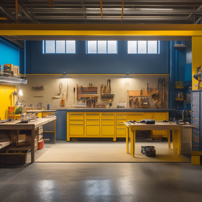 A well-lit, modern workshop with a large, golden yellow workbench at its center, adorned with neatly organized tools, drawers, and cabinets, surrounded by a clean, polished concrete floor.