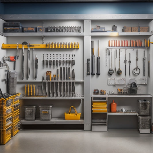 A well-lit, clutter-free garage with sleek, silver tool racks mounted on a gray wall, holding neatly organized rows of wrenches, pliers, and screwdrivers, surrounded by a few well-placed storage bins.