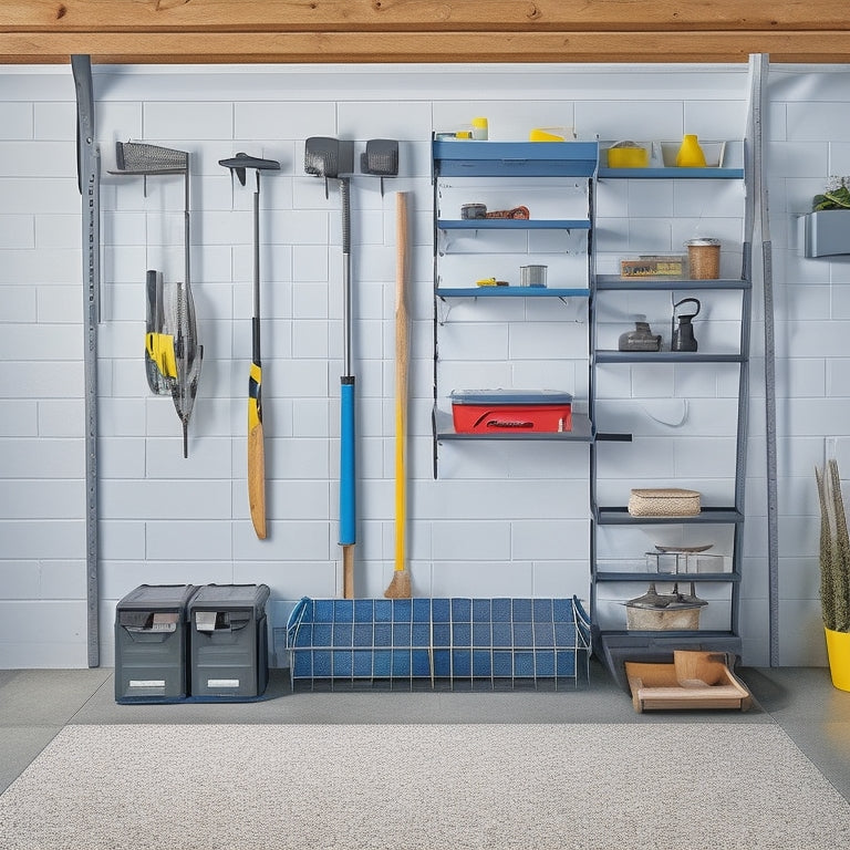 A clutter-free garage with a pegboard on the wall, holding a rake, shovel, and trowel, alongside a freestanding shelving unit storing a lawnmower, trimmer, and edger, surrounded by a clean, gray concrete floor.