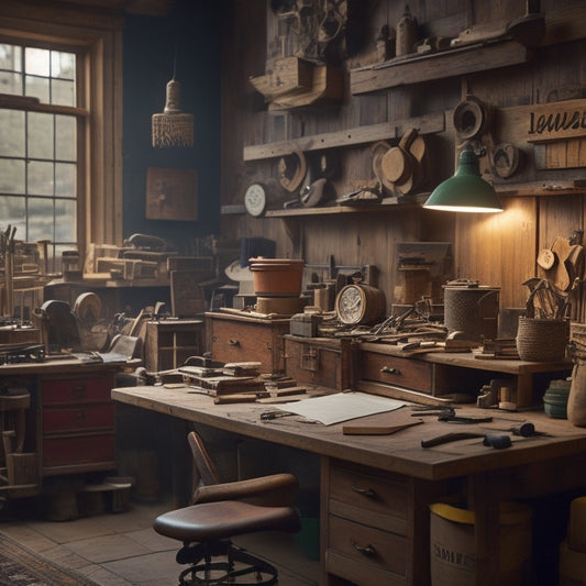 A cluttered woodworking workshop with various tools and half-finished projects scattered around, contrasted with a clean and organized workspace in the background, featuring a calendar and a perfectly crafted wooden clock.