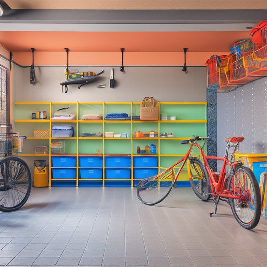 A clutter-free garage with a sleek, gray epoxy floor, featuring a wall-mounted pegboard with colorful bins, a shelving unit with labeled baskets, and a row of bicycles hung from the ceiling.