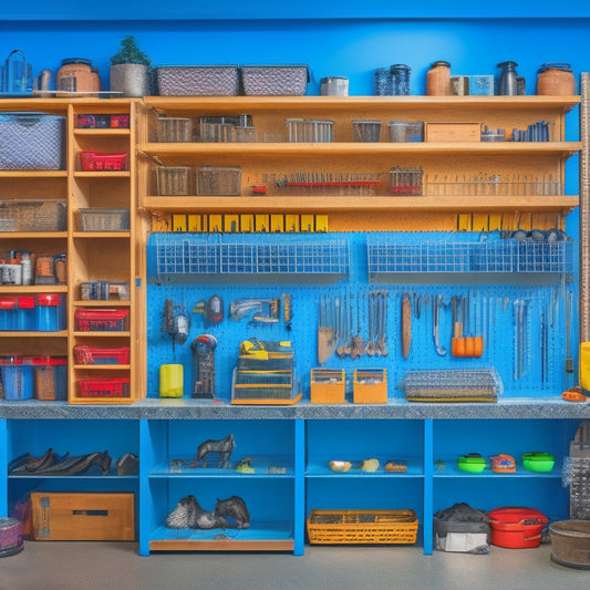 A well-organized workshop with a pegboard covered in hanging tools, a compact workbench with built-in storage, and a shelving unit with labeled bins and baskets, all set against a clean, industrial-style background.