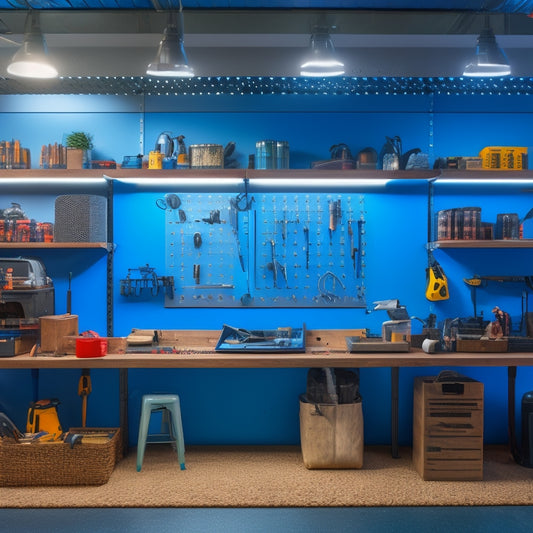 A well-lit, modern workshop with a pegboard mounted on a wall, holding various tools and accessories, accompanied by a sturdy shelf below, showcasing organized storage and a clean work surface.