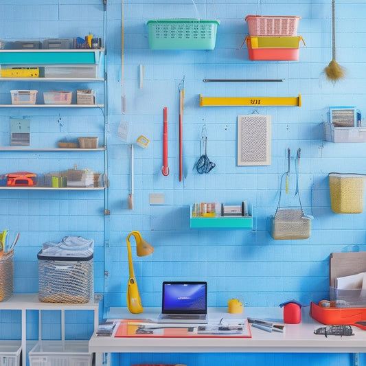 A bright, modern workspace with a large, wall-mounted pegboard covered in hooks, baskets, and bins, holding various tools, gadgets, and office supplies in an organized, visually appealing manner.