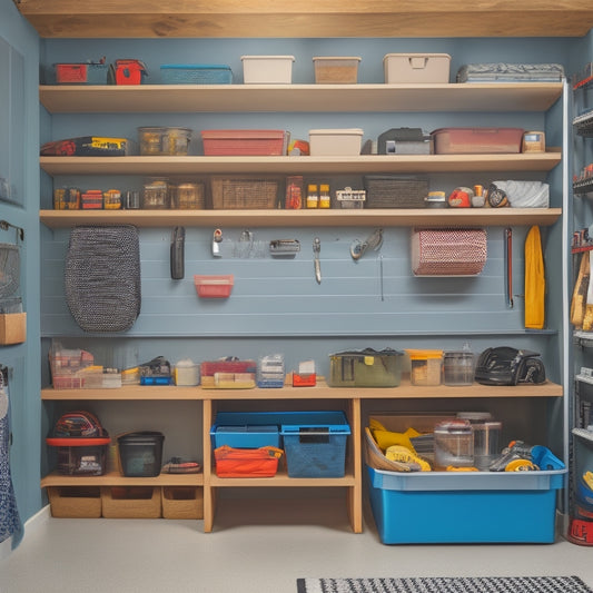 A clutter-free small garage with a slotted wall, pegboard, and baskets, featuring a foldable workbench, labeled bins, and a compact shelving unit with a few well-organized tools and equipment.