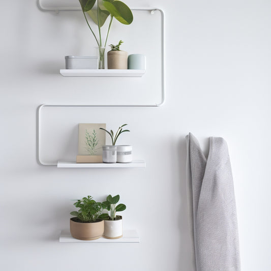 A minimalist white wall with three sleek, silver hooks holding a small, wooden shelf, adorned with three small, potted plants and a few neatly arranged books, against a soft, creamy background.