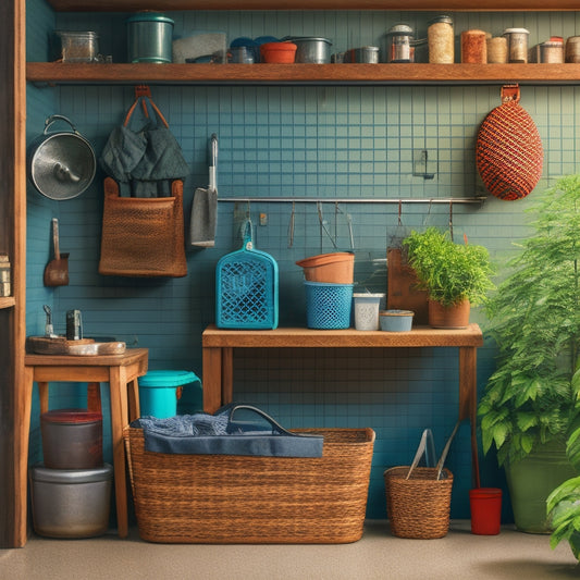 A tidy garage with a pegboard adorned with hanging gardening tools, a shelved unit storing labeled bins and baskets, and a corner workstation with a vintage metal watering can and a woven basket.