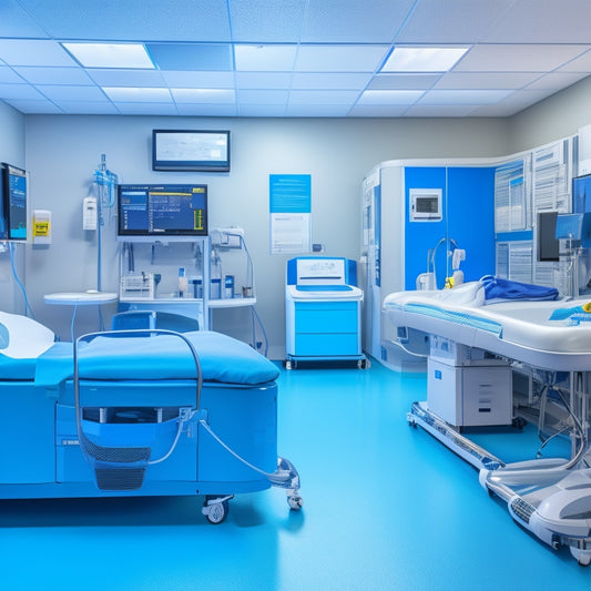 A modern medical facility with various healthcare equipment, including hospital beds, defibrillators, and ultrasound machines, arranged in a neat and organized manner, with a calm blue and white color scheme.