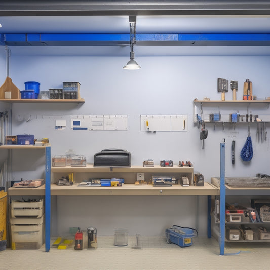 A well-organized workshop with a pegboard-covered wall, labeled bins, and a retractable cord reel, alongside a tidy workbench with a built-in vice and a small parts tray.