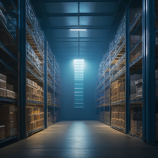 A dimly lit warehouse with rows of industrial storage shelves in the background, spotlight shining on a single shelving unit with varying sizes of boxes and bins organized neatly on its tiers.