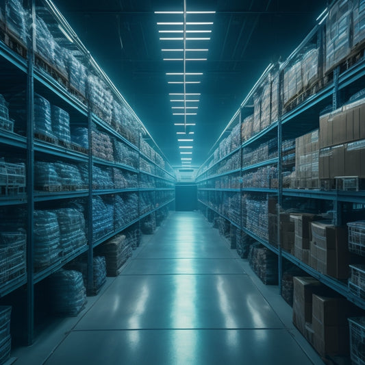 A futuristic warehouse with rows of neatly organized shelves, robots navigating aisles, and a large, glowing dashboard displaying real-time inventory levels and analytics in the background.