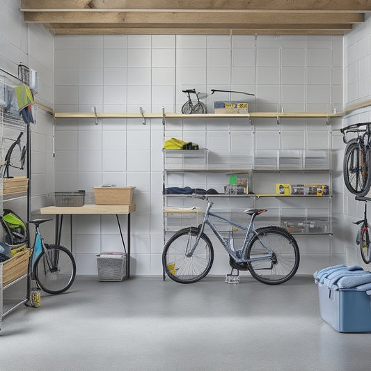 A well-organized garage with sleek, silver shelving units, baskets, and bins of varying sizes, holding neatly arranged tools, storage containers, and bicycles, against a clean, light-gray concrete floor and walls.