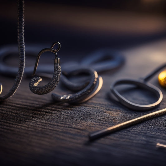 A macro photograph of various small hooks, showcasing their different shapes, sizes, and materials, with a blurred background and dramatic lighting to accentuate their details.