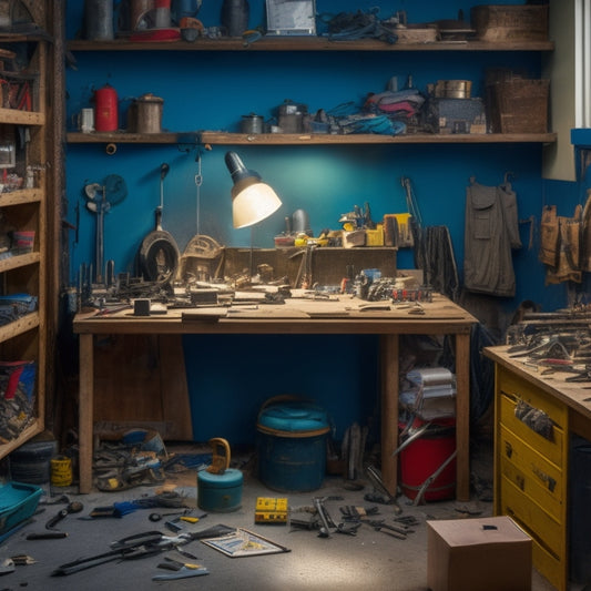 A cluttered workshop with a pegboard mounted crookedly, tools tangled in hooks, and screws scattered on the floor, surrounded by measuring tapes, levels, and instruction manuals with scribbled notes.