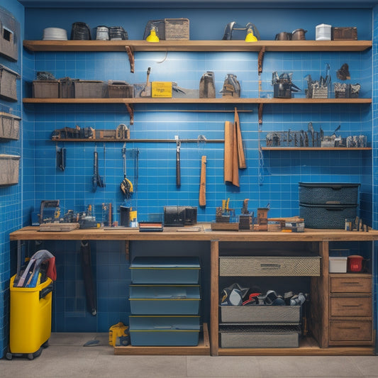 A clutter-free workshop with a pegboard on the wall, holding various tools and accessories, alongside a rolling cabinet with labeled drawers and a toolbox with a built-in charging station.