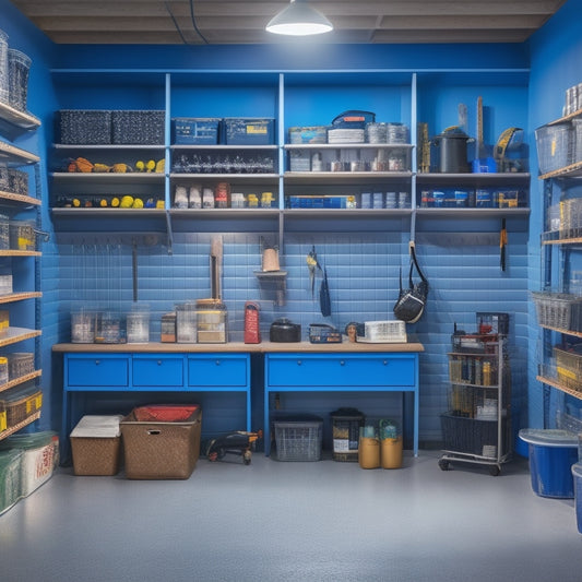 A tidy, well-lit garage with a pegboard on the left, holding neatly arranged tools and accessories, and a shelving unit on the right, storing labeled bins and containers.