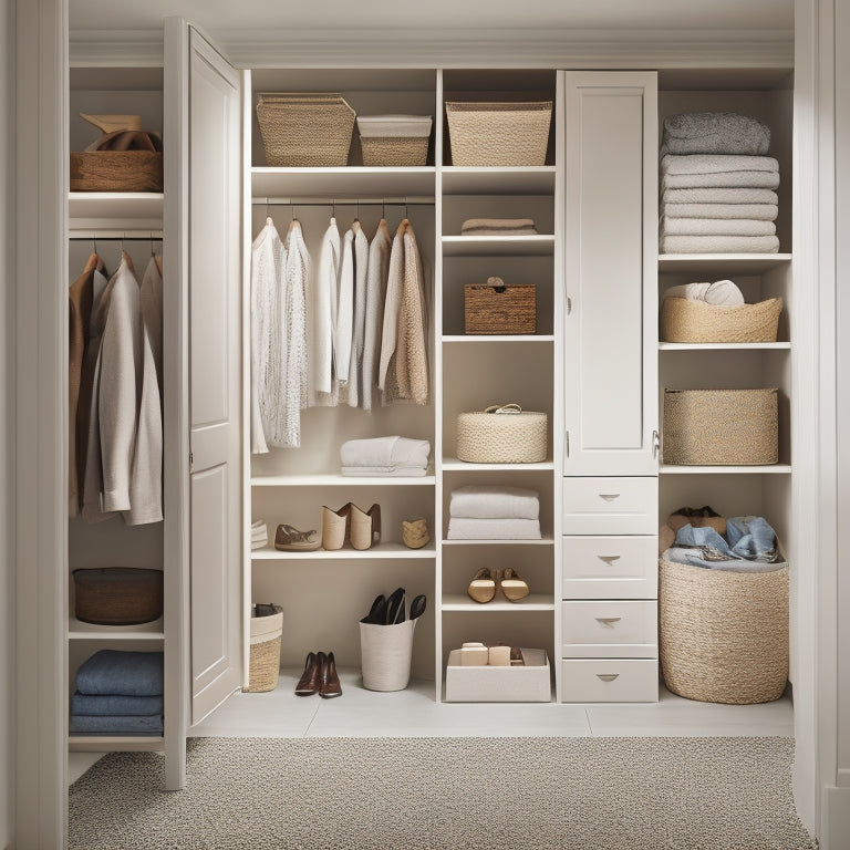 A tidy, well-lit closet with adjustable wooden shelves in various heights, holding neatly folded clothes, baskets, and storage bins, surrounded by soft, creamy walls and a minimalist floor.