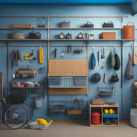 A clutter-free garage with a large, rectangular pegboard on the wall, adorned with various hooks, bins, and baskets, holding tools, accessories, and sports equipment in a neat and organized manner.