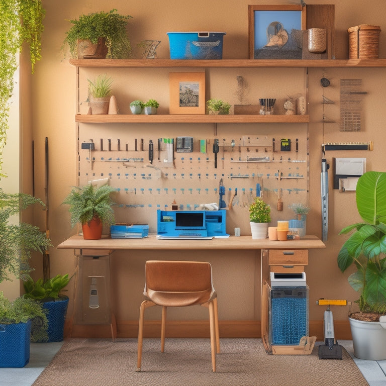 A clutter-free workstation with a wooden pegboard backing, adorned with neatly organized tools and accessories, including a drill, level, and screwdrivers, surrounded by a few potted plants and a sleek, modern chair.