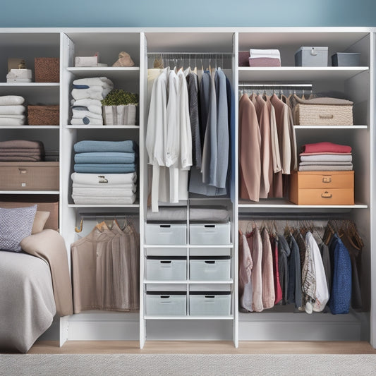 A clutter-free, minimalist closet with five foldable storage bins in various sizes, neatly stacked and labeled with colored tabs, surrounded by a few neatly hung clothes and a small, sleek shelf.