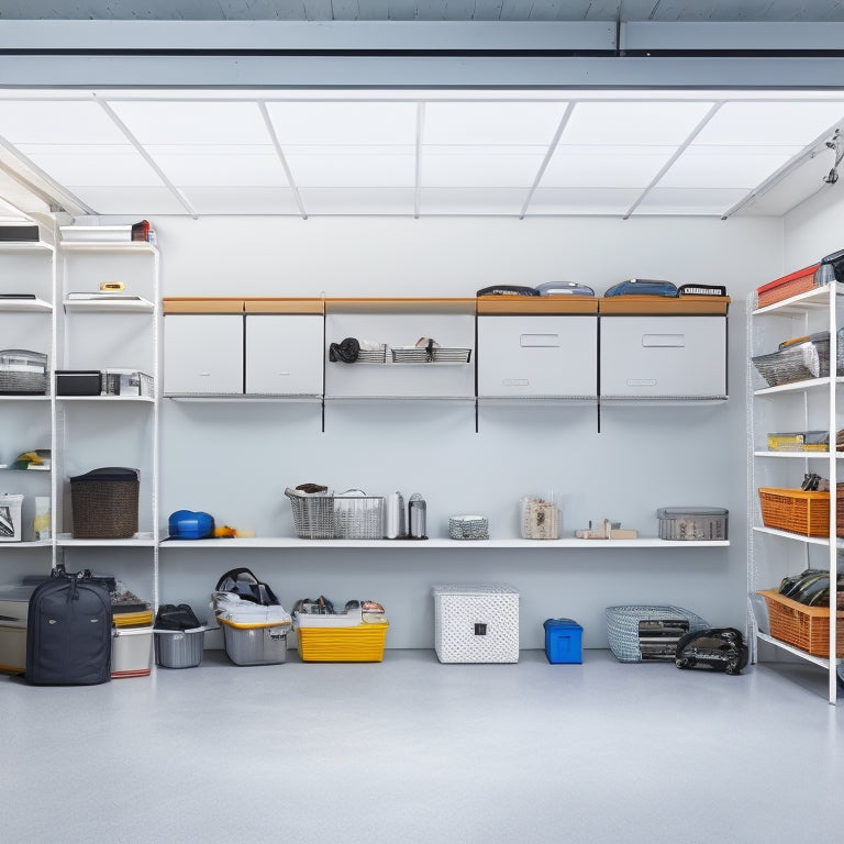 A clutter-free garage with sleek, silver hanging storage shelves suspended from the ceiling, holding various bins, baskets, and tools, surrounded by a minimalist concrete floor and white walls.