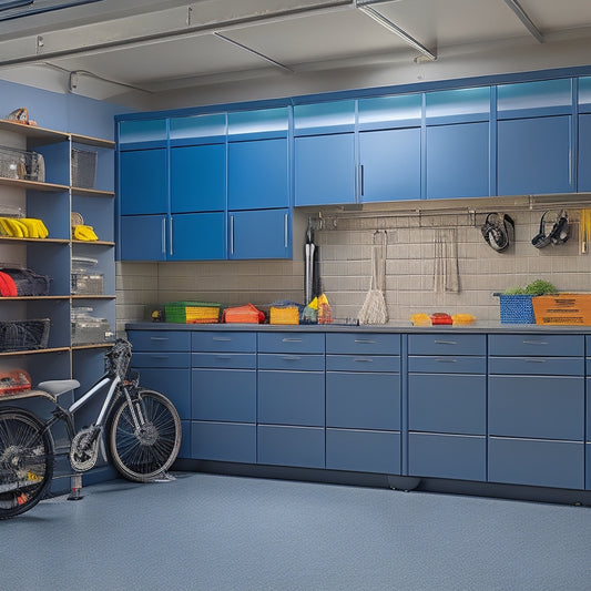 A well-lit, modern garage with sleek grey cabinets, stainless steel hooks, and a slatwall with bins and baskets, surrounded by a tidy floor with a few strategically placed tools and a sports bike.