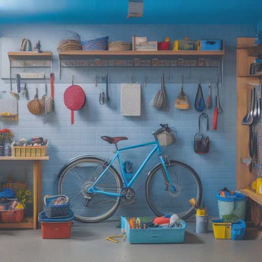 A clutter-free garage with a pegboard on the wall, adorned with colorful hooks, baskets, and a key holder in the shape of a car, surrounded by neatly organized tools and bicycles.