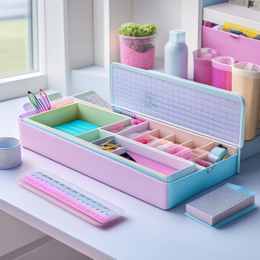 A desk organizer with 6-8 small, rectangular storage boxes in a gradient of pastel colors, each with 3-5 compartments of varying sizes, filled with pens, paper clips, and office supplies.