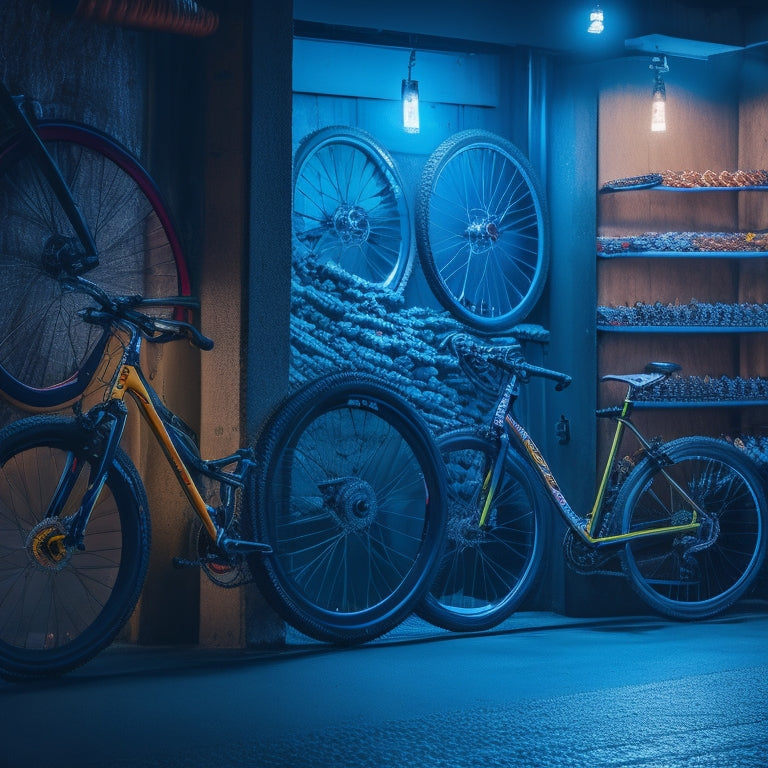 A dimly lit bike shop with a row of sleek, modern bicycles against a wall, surrounded by vibrant tire displays with colorful sidewalls and bold tread patterns, and a few scattered bike wheels.