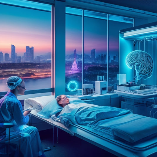 An illustrative scene depicting a futuristic hospital room with a holographic brain scan, a robotic nurse assisting a patient, and a nanorobot-infused IV bag in the foreground, set against a cityscape backdrop at dusk.