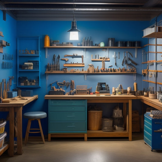 A well-lit, organized workshop with sturdy metal shelves, bins, and cabinets, holding various tools, machinery, and materials, with a pegboard on the wall and a workbench in the center.