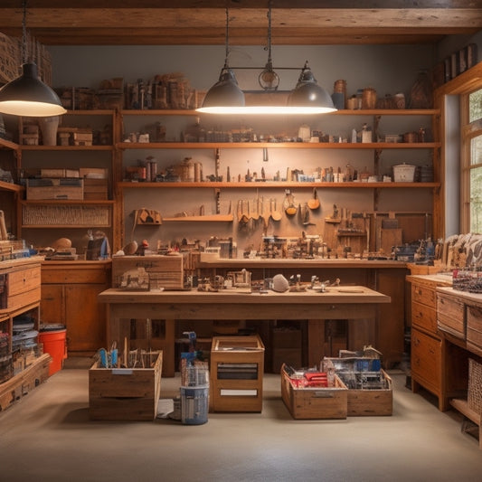 A clutter-free workshop with a sturdy wooden workbench in the center, surrounded by organized shelves stocked with labeled bins, tools, and supplies, with a few well-placed LED lamps illuminating the space.