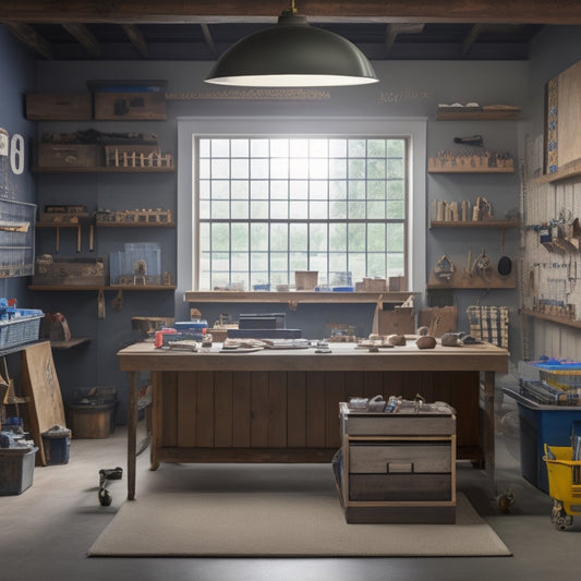 A well-organized workshop with a large, wooden workbench in the center, surrounded by labeled storage bins, a pegboard with hanging tools, and a whiteboard on the wall with a to-do list.