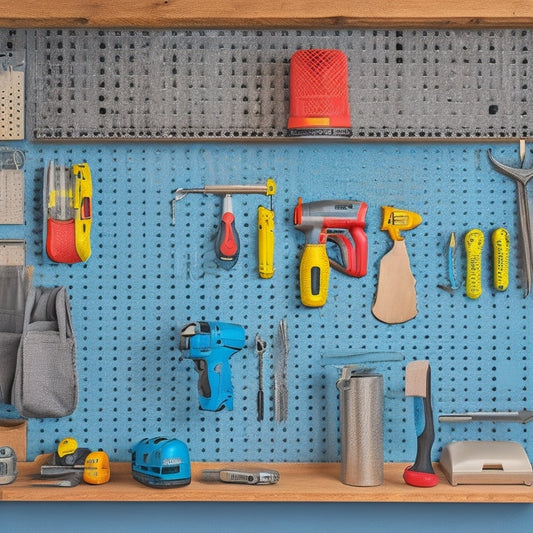 A well-organized pegboard with various tools and accessories, including a cordless drill, level, wrenches, and bins, hung neatly from pegs of different lengths and colors, set against a clean, gray garage wall.