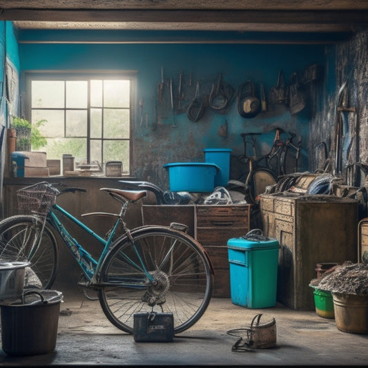 A cluttered garage interior with a variety of items stacked haphazardly, including old bicycles, broken appliances, and dusty boxes, with a single, open door in the background, revealing a glimpse of a tidy outdoor space.