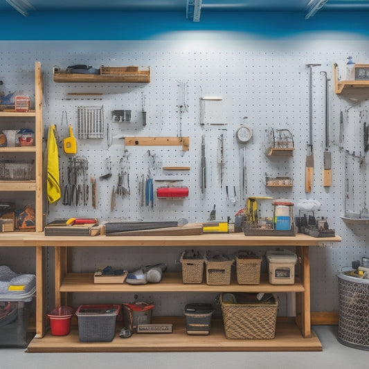 A clutter-free garage with a pegboard on the wall, holding various tools and accessories, surrounded by labeled bins and baskets, with a workbench in the center and a few DIY projects in progress.